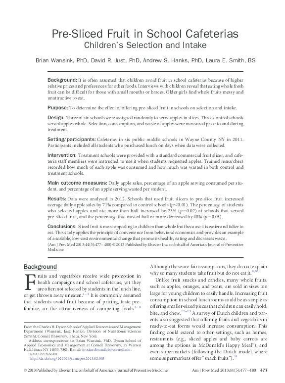 (PDF) PreSliced Fruit in School Cafeterias Brian Wansink Academia.edu