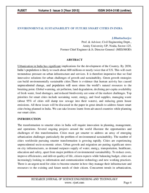 (PDF) ENVIRONMENTAL SUSTAINABILITY OF FUTURE SMART CITIES IN INDIA
