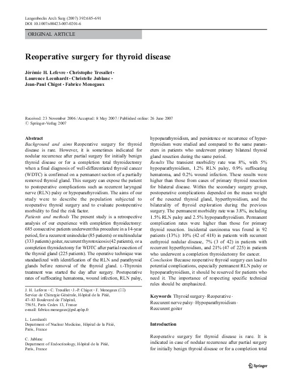 (PDF) Reoperative surgery for thyroid disease Laurence Leenhardt