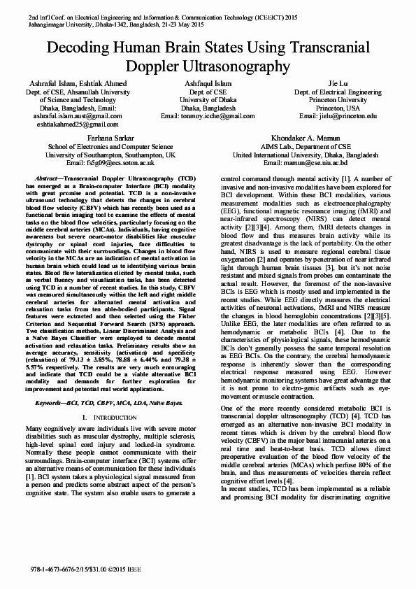 Decoding Human Brain States Using Transcranial Doppler Ultrasonography