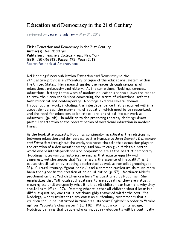 (PDF) Book Review of Nel Nodding's Education and Democracy in the 21st ...