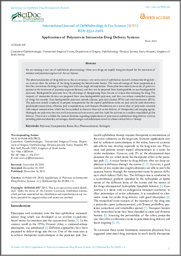(PDF) Applications of Polymers in Intraocular Drug Delivery Systems