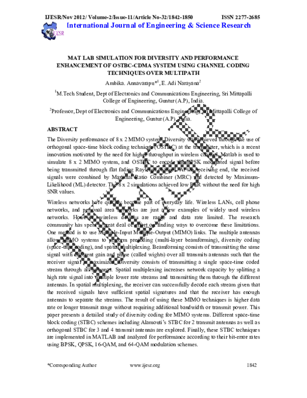 (PDF) MAT LAB SIMULATION FOR DIVERSITY AND PERFORMANCE ENHANCEMENT OF OSTBCCDMA SYSTEM USING