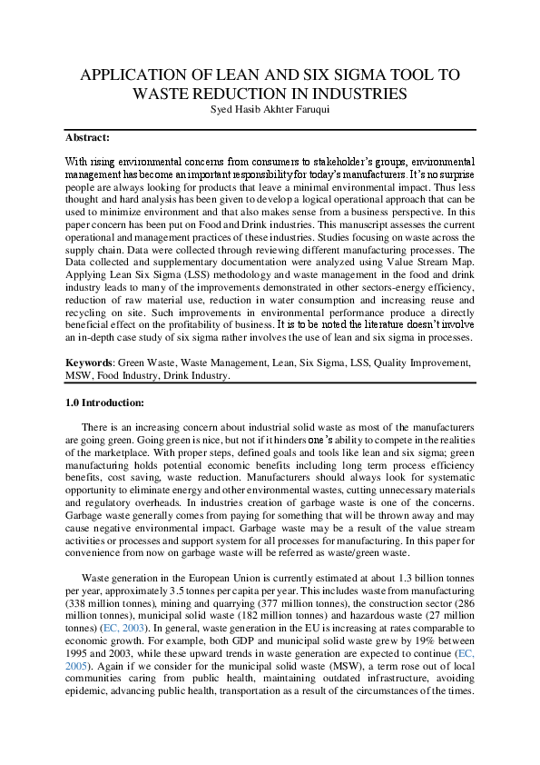 (PDF) APPLICATION OF LEAN AND SIX SIGMA TOOL TO WASTE REDUCTION IN ...