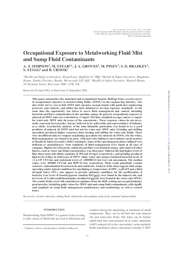 (PDF) Occupational Exposure to Metalworking Fluid Mist and Sump Fluid ...