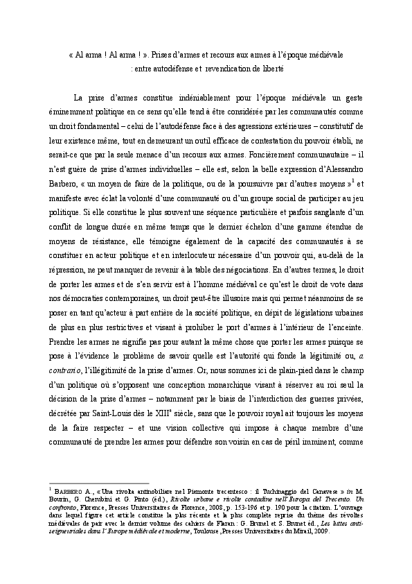 "Al Arma! Al arma ! Prises d'armes et recours aux armes à l'époque médiévale : entre autodéfense et revendication de liberté