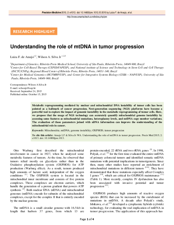 (PDF) Understanding the role of mtDNA in tumor progression