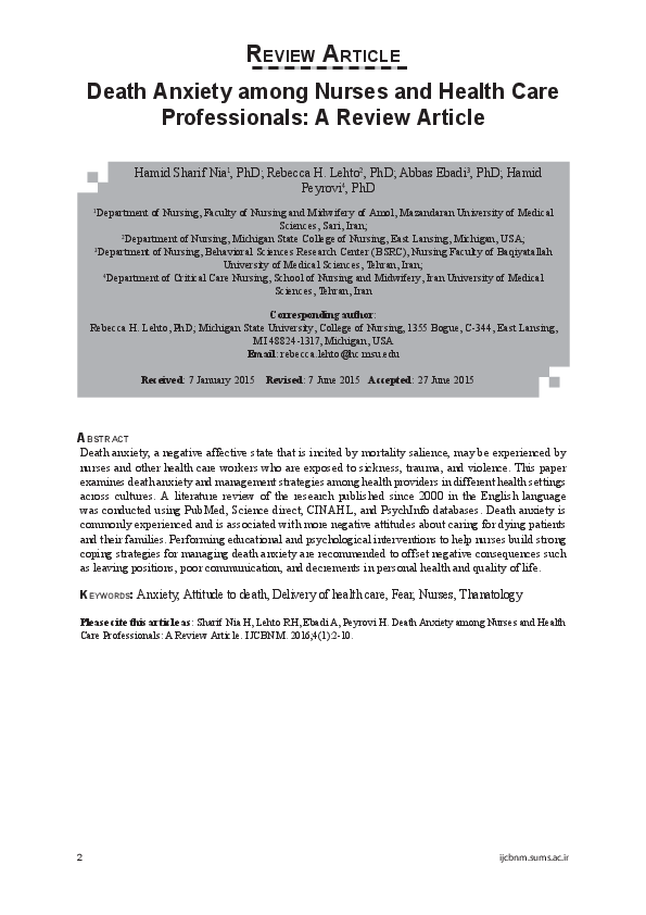(PDF) Death Anxiety among Nurses and Health Care Professionals: A ...