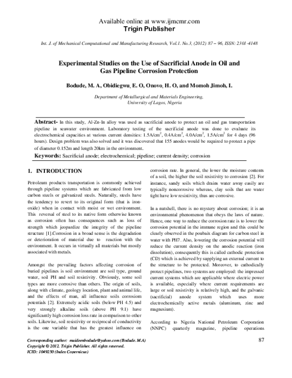 (PDF) Experimental studies on the use of sacrificial anode in oil and ...