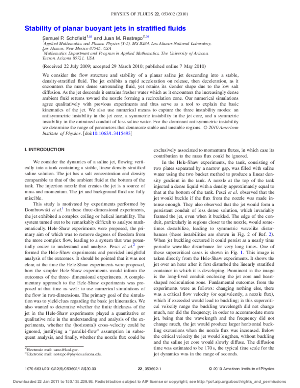(PDF) Stability of planar buoyant jets in stratified fluids