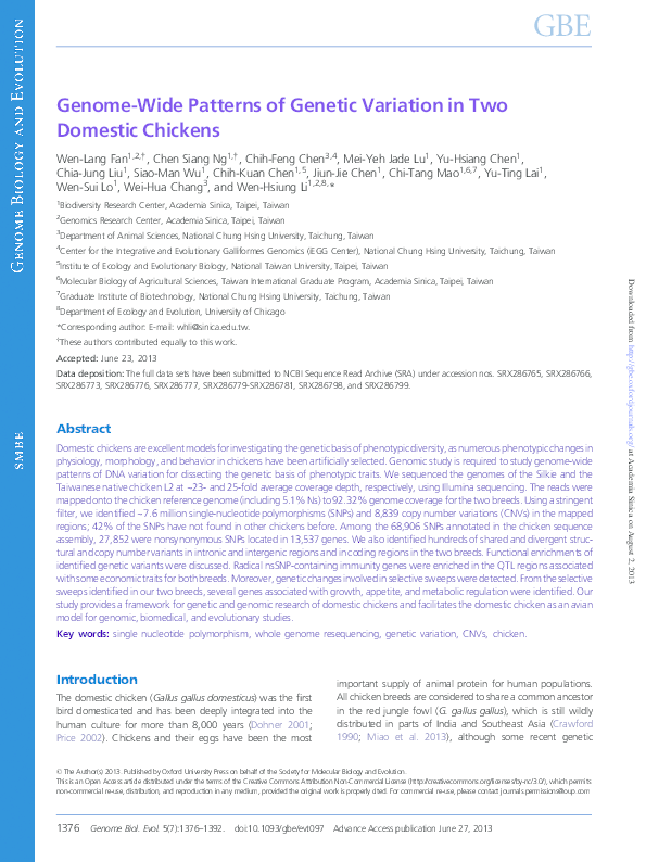 (PDF) Genome wide patterns of genetic variation in two domestic chickens