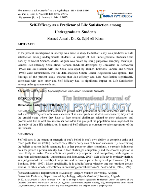 (PDF) Self efficacy as a predictor of Life satisfaction