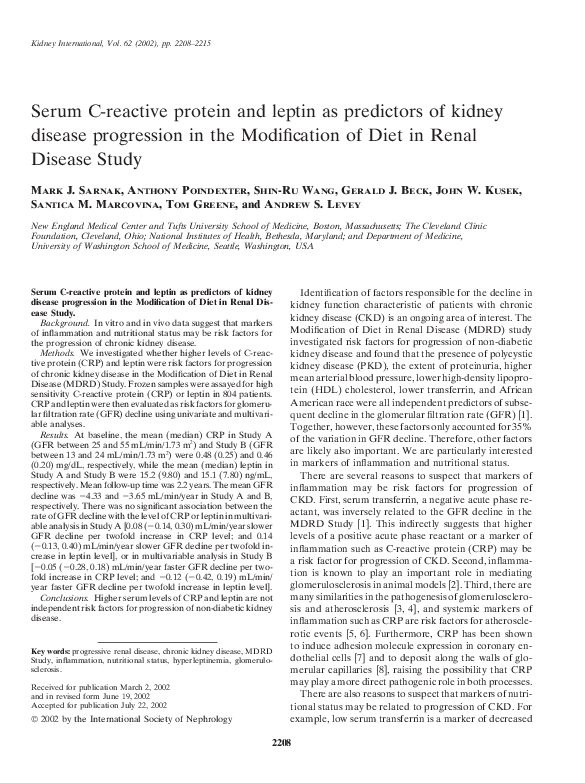 (PDF) Serum C-reactive protein and leptin as predictors of kidney ...
