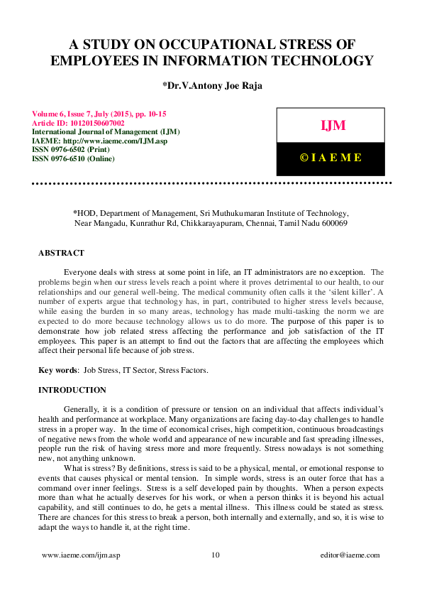(PDF) A STUDY ON OCCUPATIONAL STRESS OF EMPLOYEES IN INFORMATION TECHNOLOGY