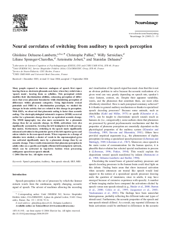 (PDF) Neural correlates of switching from auditory to speech perception