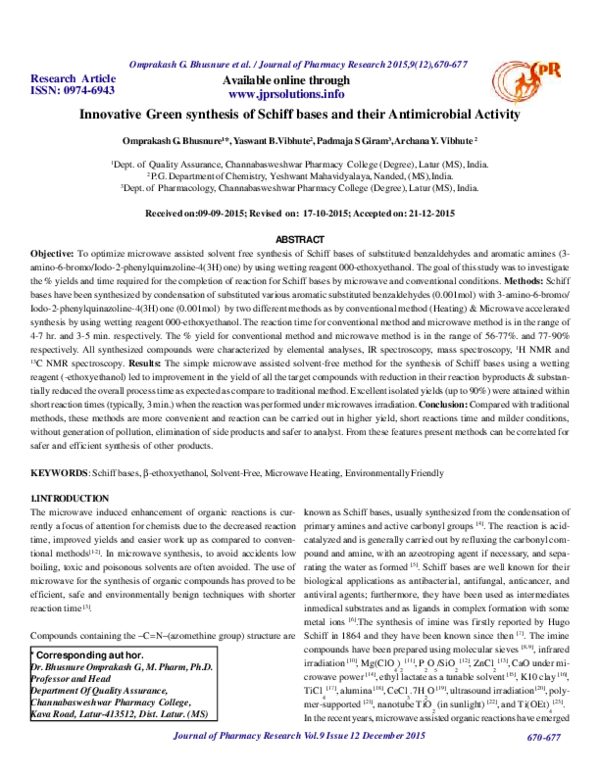 (PDF) Innovative Green synthesis of Schiff bases and their ...