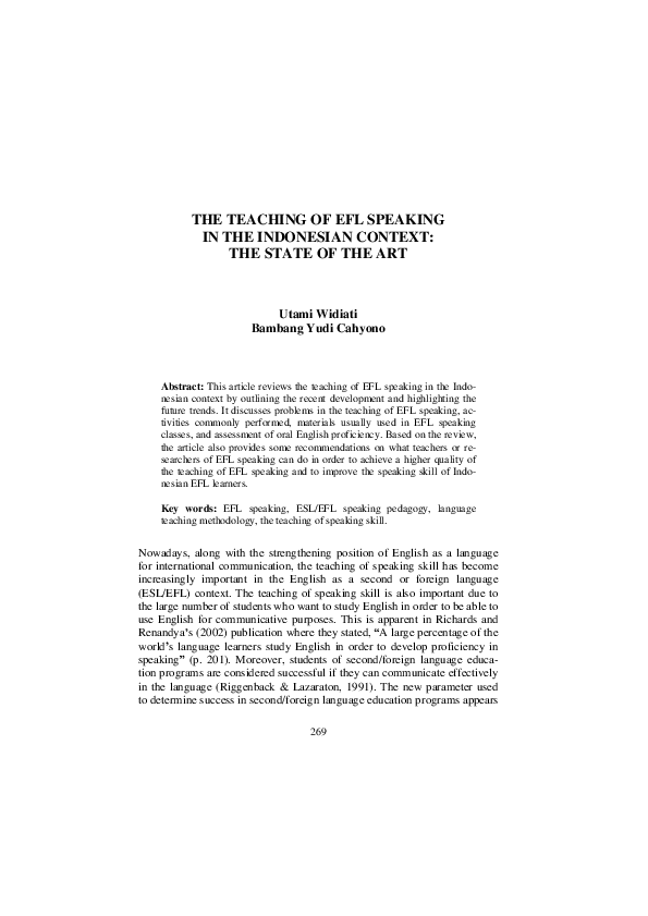 (PDF) THE TEACHING OF EFL SPEAKING IN THE INDONESIAN CONTEXT: THE STATE ...