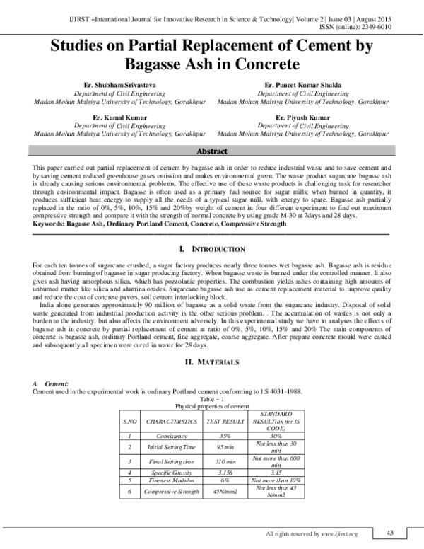 (PDF) Studies on Partial Replacement of Cement by Bagasse Ash in Concrete