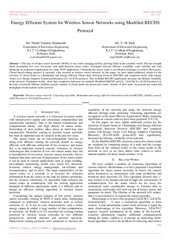 Pdf Energy Efficient System For Wireless Sensor Networks Using