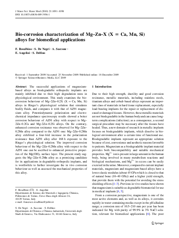 (PDF) Bio-corrosion characterization of Mg–Zn–X (X = Ca, Mn, Si) alloys ...