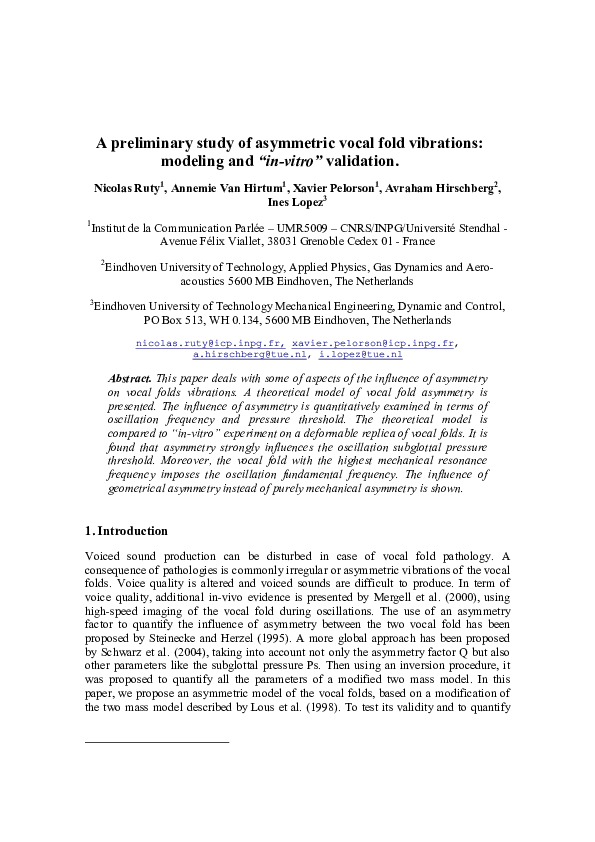 (PDF) A preliminary study of asymmetric vocal fold vibrations: modeling and