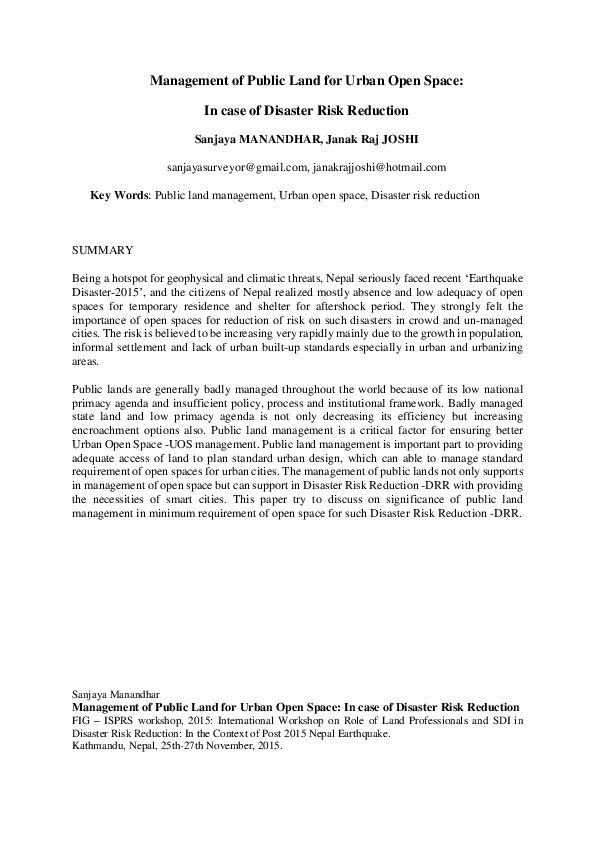 Management of Public Land for Urban Open Space In case of Disaster