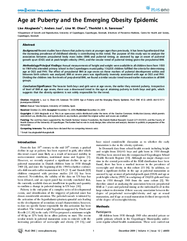(PDF) Age at Puberty and the Emerging Obesity Epidemic