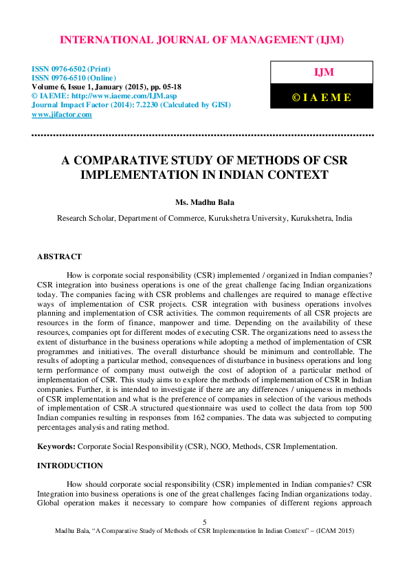 (PDF) A COMPARATIVE STUDY OF METHODS OF CSR IMPLEMENTATION IN INDIAN ...