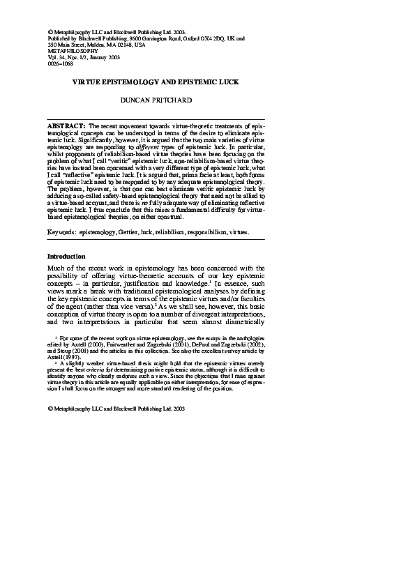 Pdf Virtue Epistemology And Epistemic Luck