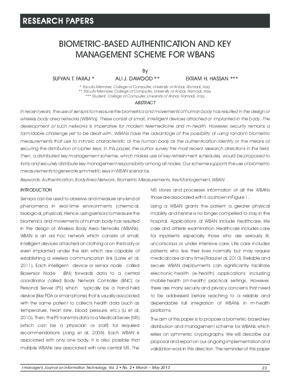 (PDF) Biometric-Based Authentication and Key Management Scheme for WBANs
