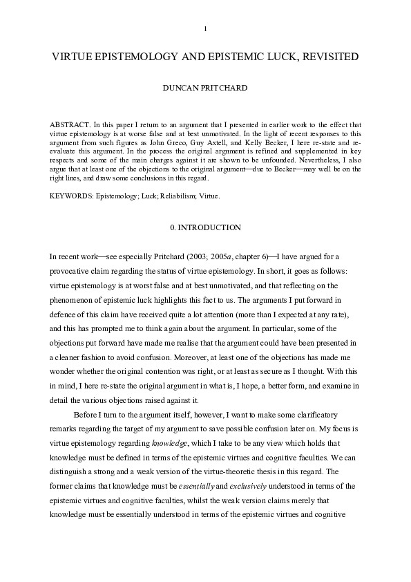 Pdf Virtue Epistemology And Epistemic Luck Revisited