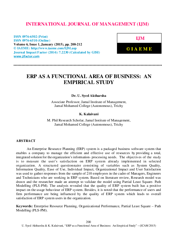 (PDF) ERP AS A FUNCTIONAL AREA OF BUSINESS: AN EMPIRICAL STUDY