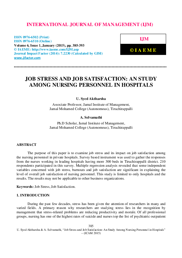 (PDF) JOB STRESS AND JOB SATISFACTION: AN STUDY AMONG NURSING PERSONNEL ...