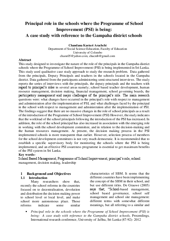 (PDF) Principal role in the schools where the Programme of School ...