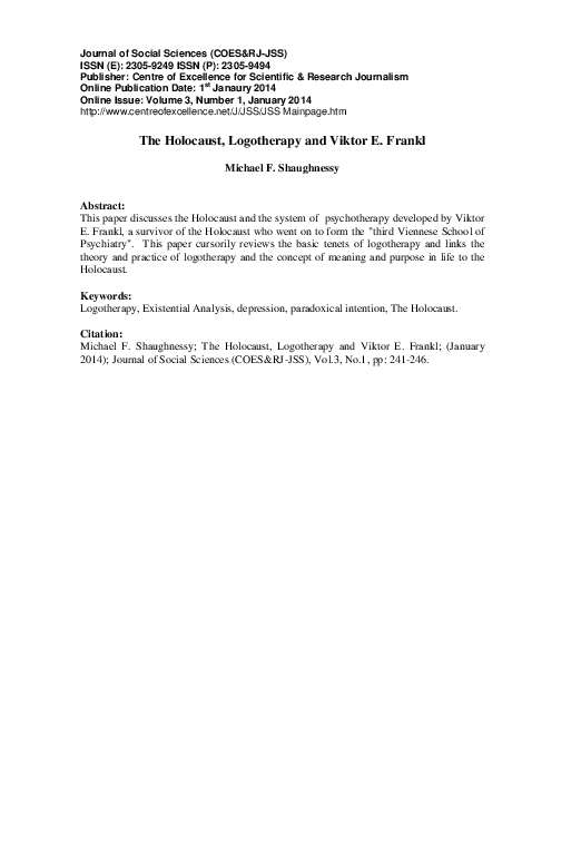 (PDF) The Holocaust, Logotherapy and Viktor E. Frankl