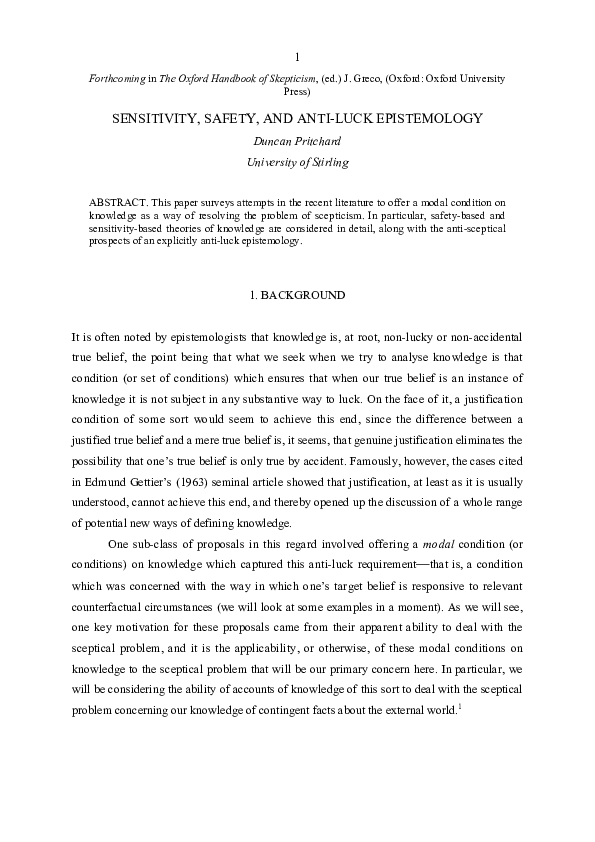 (PDF) Sensitivity, Safety, and AntiLuck Epistemology Duncan