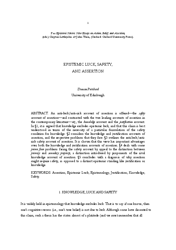 Pdf Epistemic Luck Safety And Assertion