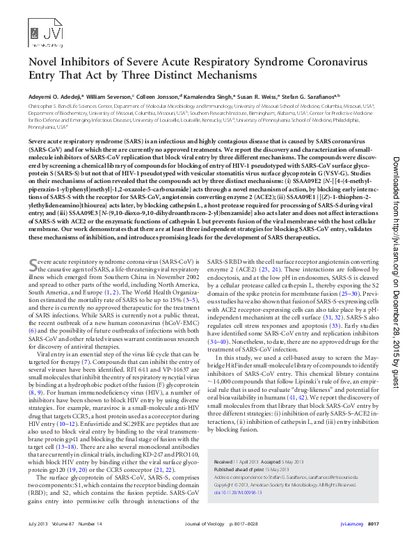 (PDF) Novel inhibitors of severe acute respiratory syndrome coronavirus ...
