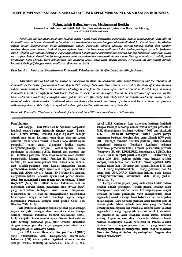 Pdf Kepemimpinan Pancasila Rahmatullah Halim Academia Edu