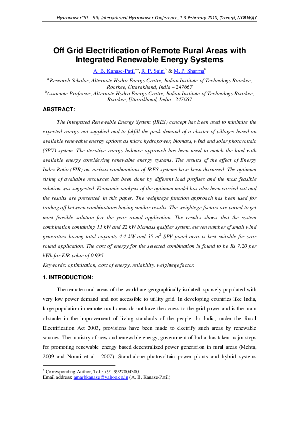 (PDF) Off Grid Electrification of Remote Rural Areas with Integrated ...