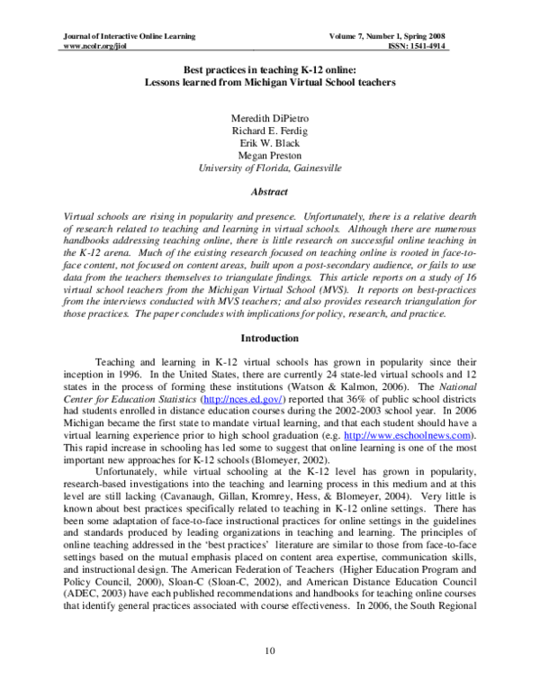 (PDF) Best practices in teaching K12 online Lessons learned from