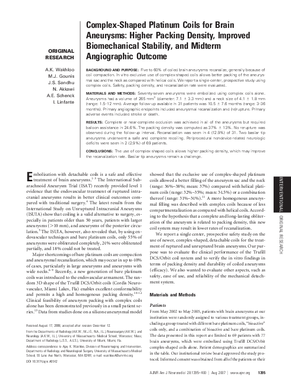 (PDF) ComplexShaped Platinum Coils for Brain Aneurysms Higher Packing