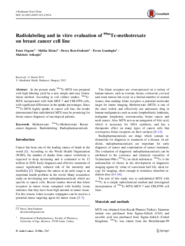 (PDF) Radiolabeling and in vitro evaluation of 99mTcmethotrexate on