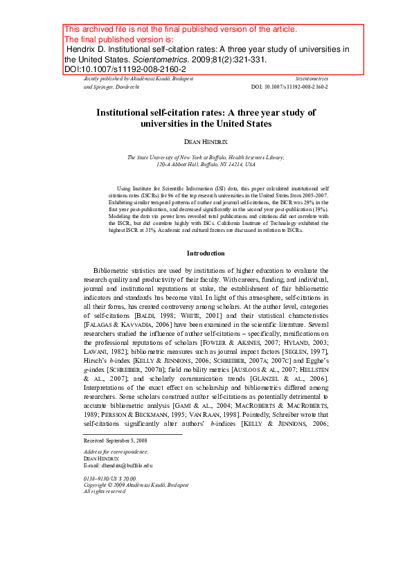 (PDF) Institutional selfcitation rates A three year (PDF) Institutional selfcitation rates A three year