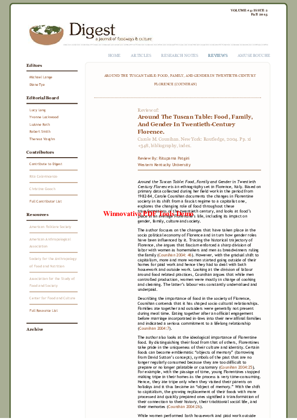 Around the Tuscan Table: Food, Family, and Gender in Twentieth Century Florence
