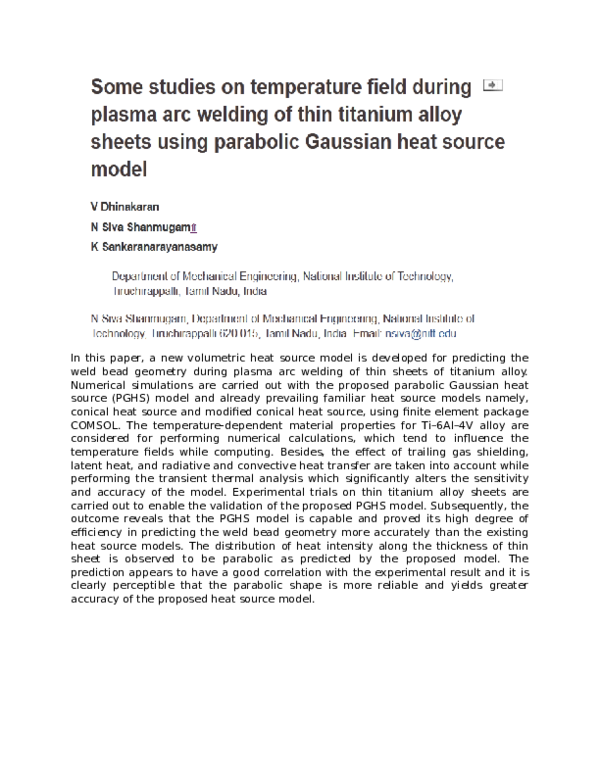 (DOC) Some studies on temperature field during plasma arc welding of thin titanium alloy sheets