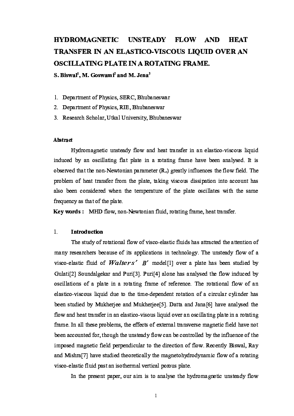 (DOC) HYDROMAGNETIC UNSTEADY FLOW AND HEAT TRANSFER IN AN ELASTICO ...