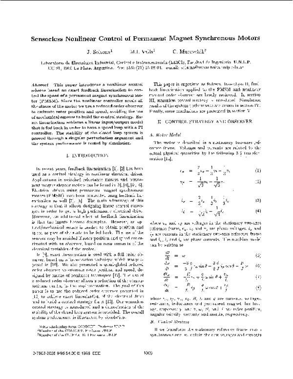 Sensorless nonlinear control of permanent magnet synchronous motors