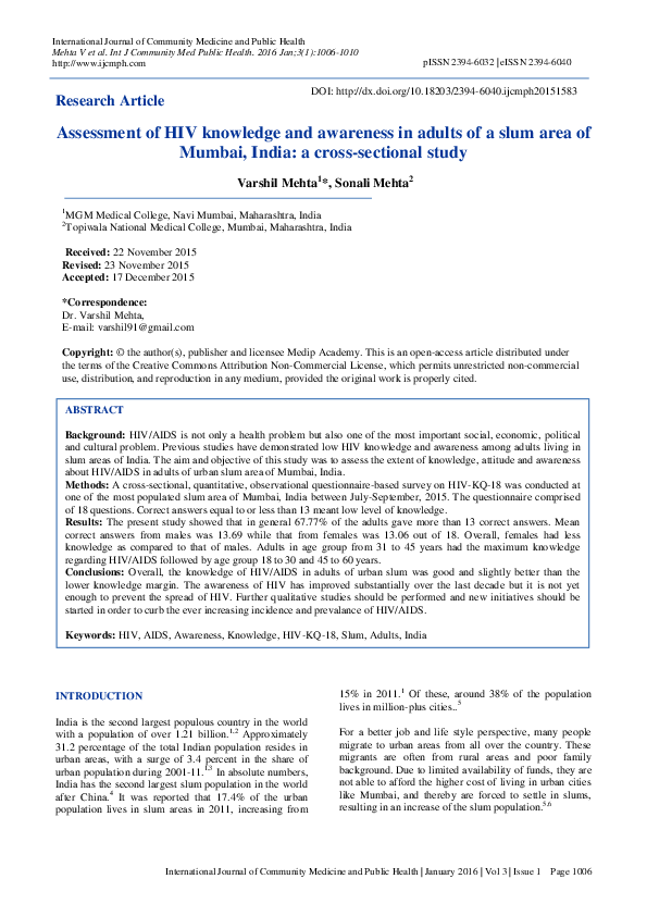 (PDF) Assessment of HIV knowledge and awareness in adults of a slum ...