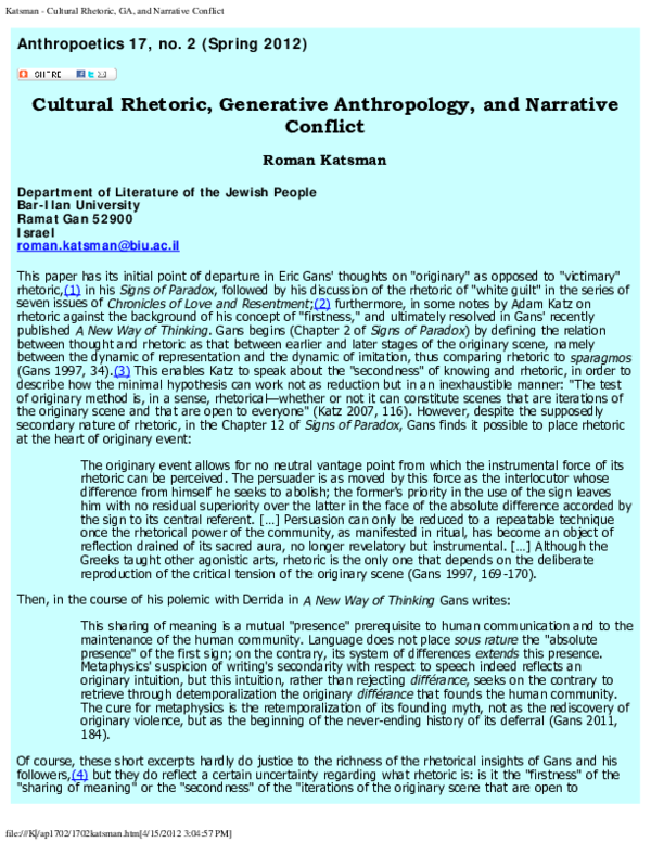(PDF) Cultural Rhetoric, Generative Anthropology, and Narrative Conflict